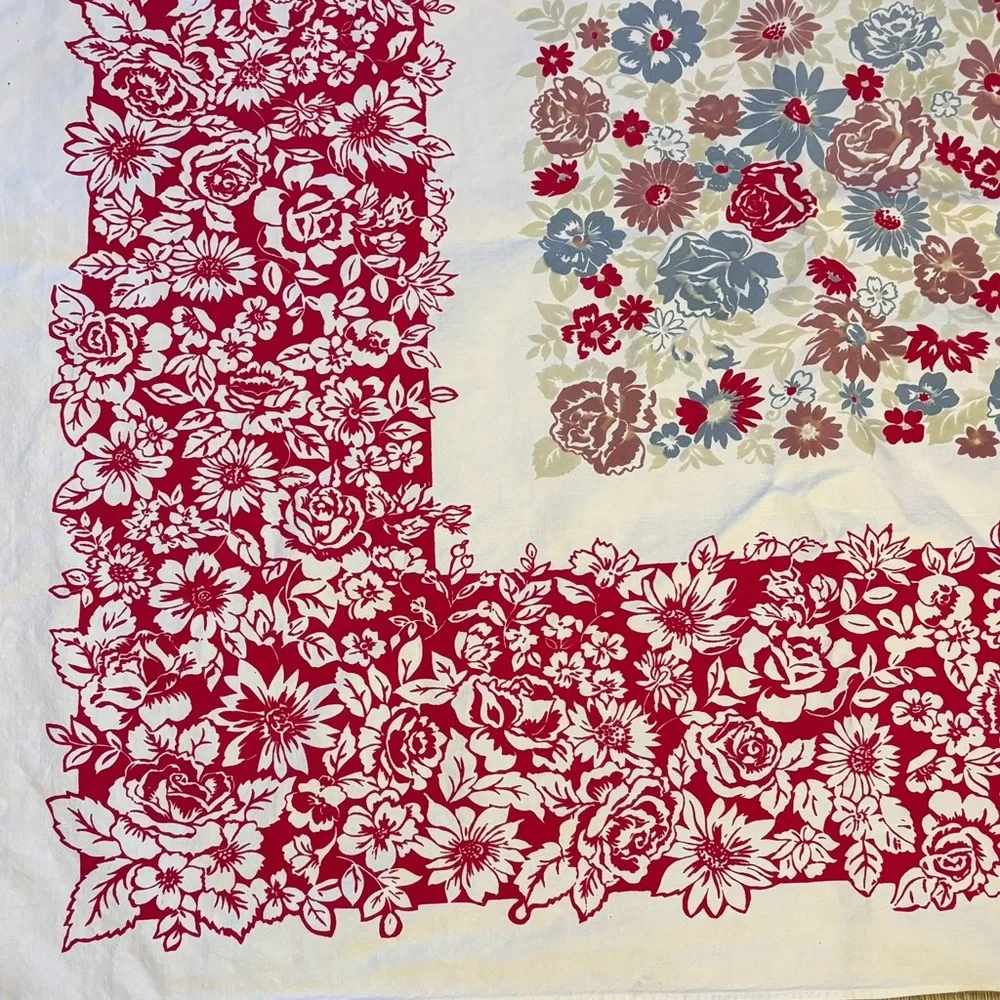 Vintage Mid Century Floral Tablecloth Red Blue 48x58 Cottagecore